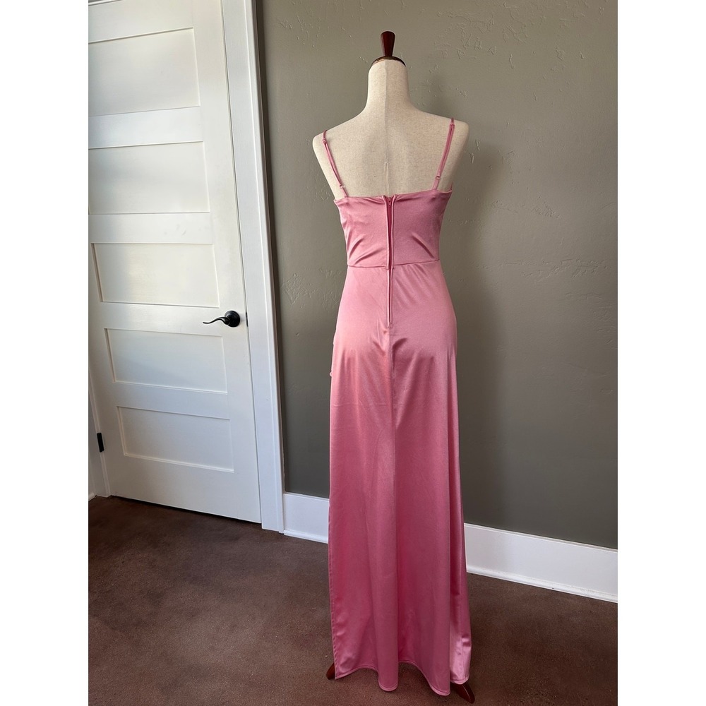 New B.Darlin Formal Gown Sz 5/6 Pink Satin Cowl Neck Ruched Slit Floor Length - Picture 3 of 14